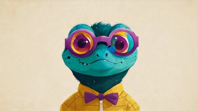 A cartoon illustration of a happy looking green lizard wearing purple glasses, a yellow shirt, and a purple bowtie. AI.
