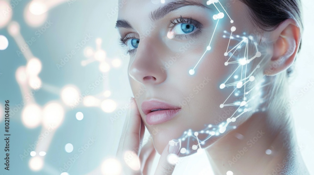 Aufkleber a woman face with illuminated digital mapping lines, symbolizing advanced biometric identification.