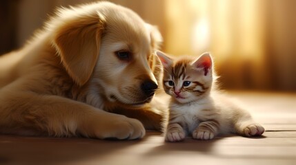 Golden retriever puppy and tabby kitten sitting together on wooden floor