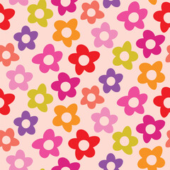Retro Hippie 70s colorful flowers seamless pattern in orange, red, pink, coral and yellow on light background. For textile, fabric and wrapping paper
