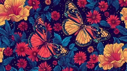 butterfly pattern among limonium flowers illustration poster background