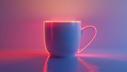 A 3D render of a minimalist coffee cup with a sleek, futuristic handle design, radiating a soft neon glow, Sharpen isolated on white background