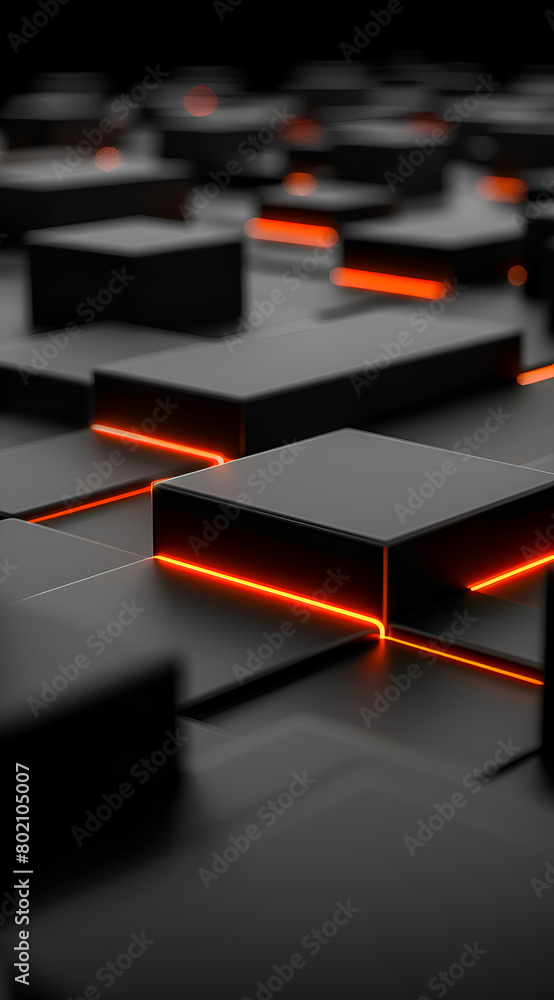 Poster a black and orange image of cubes with a dark background. the cubes are lit up with orange lights, c