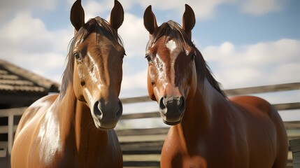 Two horses looking at the camera in a corral on a sunny day