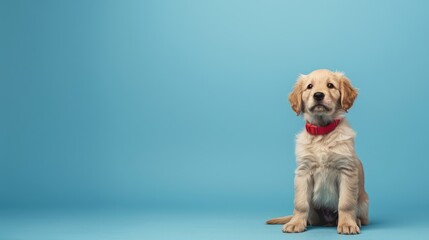 golden retriever puppy red collar blue background copy space