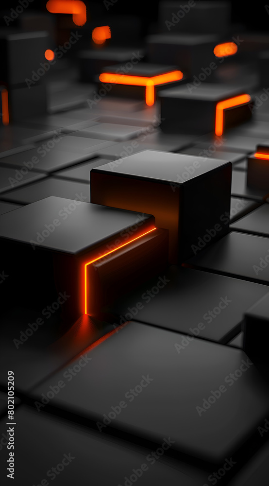 Poster a black and orange image of cubes with a dark background. the cubes are lit up with orange lights, c