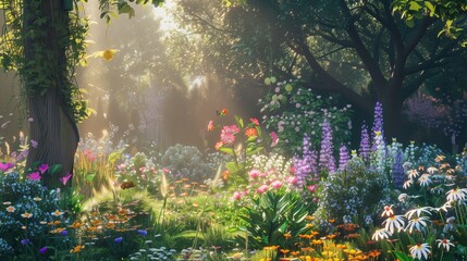 A summer garden with a variety of flowers in full bloom.