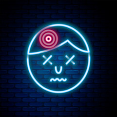 Glowing neon line Man having headache, migraine icon isolated on brick wall background. Colorful outline concept. Vector