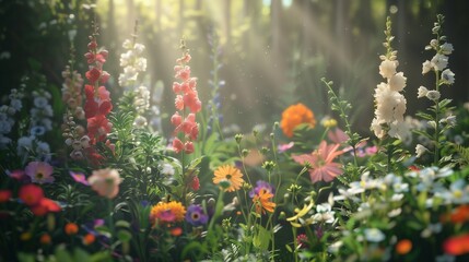 A summer garden with a variety of flowers in full bloom.