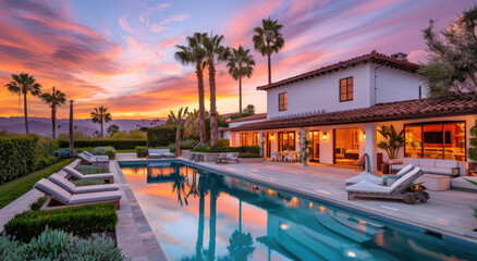 a beautiful house with an outdoor pool and palm trees in the background, California home for sale real estate photography, dusk, sunset.