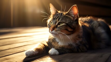 Cute cat lying on wooden floor at sunset, soft focus.