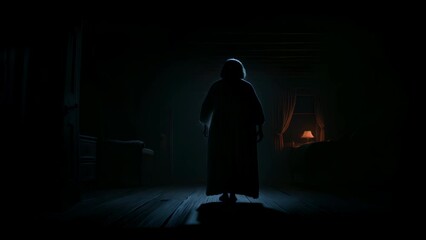 Silhouette of an elderly woman walking towards a dimly lit room in a spooky, old house, creating an atmosphere of mystery and suspense