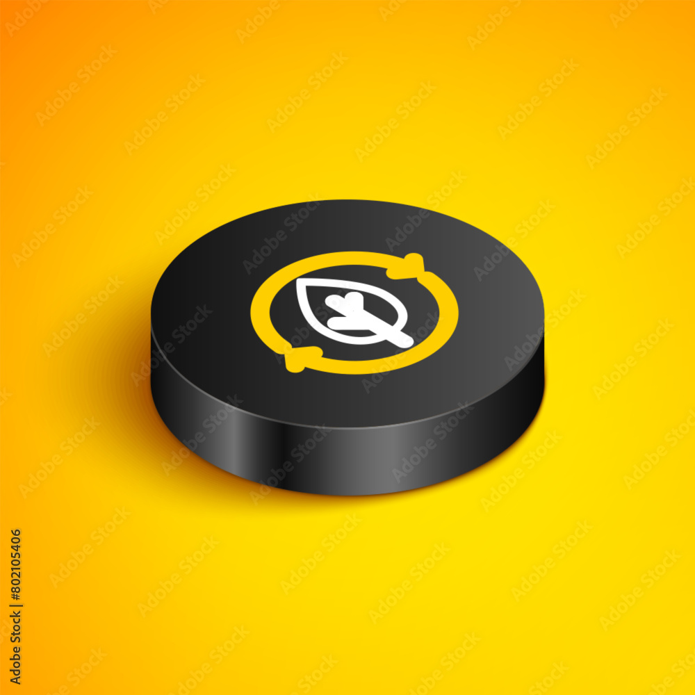 Poster isometric line recycle symbol and leaf icon isolated on yellow background. environment recyclable go