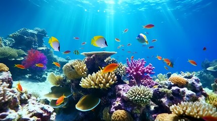 Underwater view of coral reef with fishes and corals in blue sea