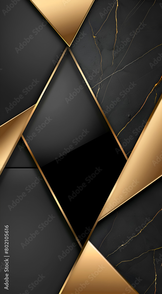 Poster a black and gold design with a gold border. the design is made up of triangles and squares. generati