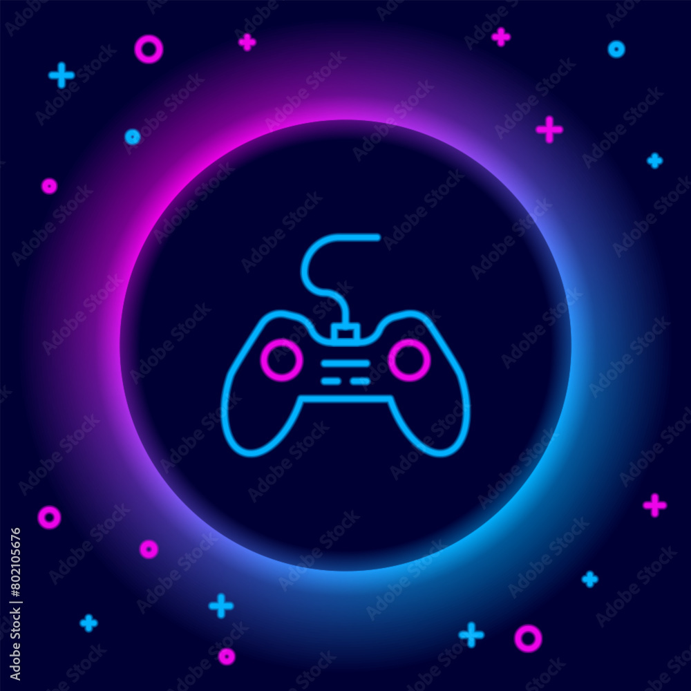 Poster glowing neon line gamepad icon isolated on black background. game controller. colorful outline conce