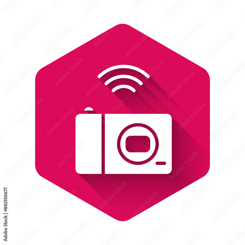 Poster white smart photo camera system icon isolated with long shadow. internet of things concept with wire