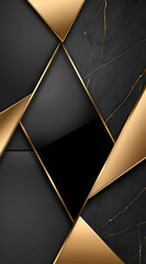 A black and gold design with a gold border. The design is made up of triangles and squares. Generative AI