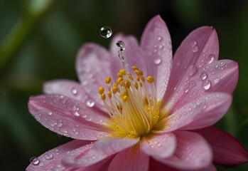 A flower's pink petals glisten with raindrops, revealing a cluster of stamens at its center, generative AI