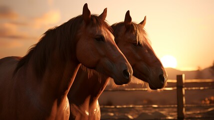 Horses in the paddock at sunset in summer, closeup