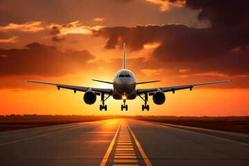 Obraz premium White passenger aircraft take off from airport runway against the backdrop of a scenic evening sky with sun rays