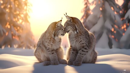 Eurasian lynx (Lynx lynx) mating in the winter forest