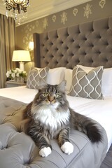 Tranquil cat in serene bedroom, illuminated by soft hues, capturing graceful tranquility