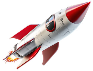 Colorful cartoon-style rocket with red fins and a fire trail on white background