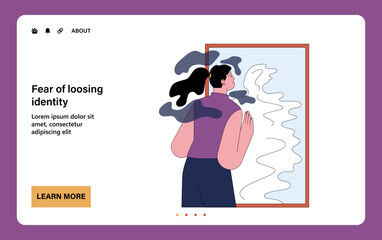 Fear of loosing identity. Terrified young woman looking to a mirror without