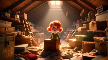 Curious young girl with vibrant red hair, exploring a dusty attic filled with antiques and sunlight streaming through a window, creating a magical and adventurous scene