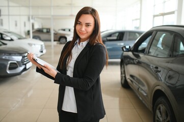 Salesperson selling cars at car dealership