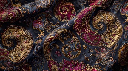 A swatch of fabric with a traditional paisley pattern in rich jewel tones.