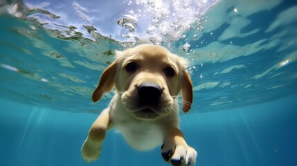 Labrador retriever swimming underwater in the pool. Close up.