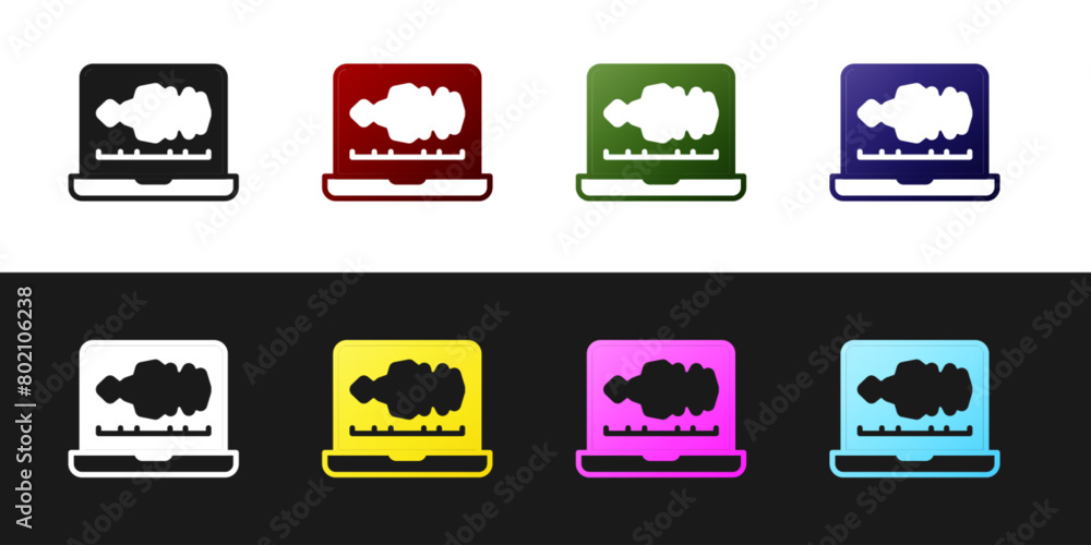 Poster set sound or audio recorder or editor software on laptop icon isolated on black and white background