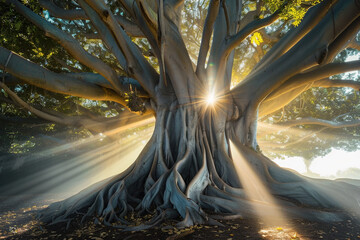 Sunlight filtering through the leaves of a magnificent ancient tree. - obrazy, fototapety, plakaty