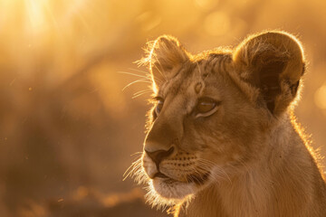 Sunlit lion cub with detailed whiskers