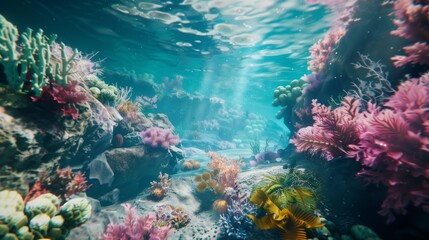 Fototapeta na wymiar A vibrant coral reef seen through crystal-clear ocean water.