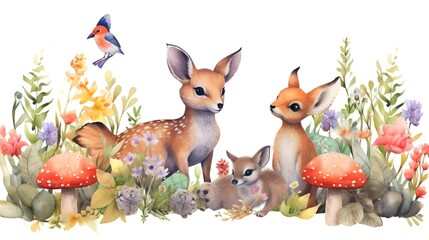 Watercolor seamless border with cute little forest animals. Hand drawn illustration