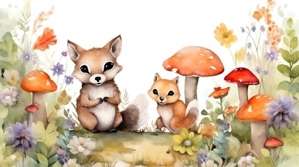Watercolor illustration of a cute little foxes in the forest.