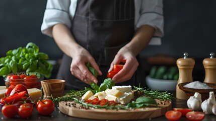 Chef Prepares Fresh Ingredients on a Dark Wooden Table. Healthy Food Concept. Organic Vegetable Preparation. Culinary Workshop. AI