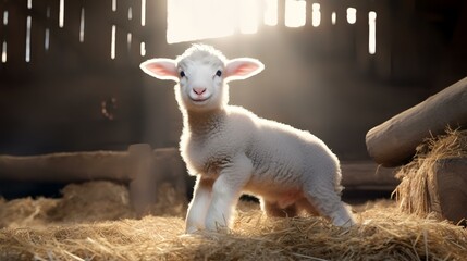 Cute little lamb in barn, closeup. Animal husbandry