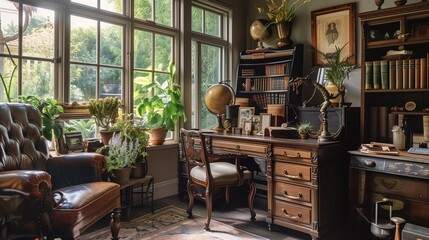 Vintage-inspired home office with a roll-top desk and antique decor.