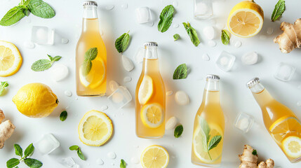 Composition with bottles of fresh ginger beer mint lem