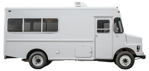 Naklejka premium Side view of a white food truck isolated on a white background