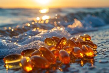 A handful of fish oil capsules on a sea background.