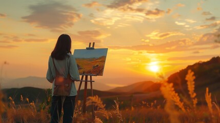 A woman painting a landscape air, with the sun setting behind her.