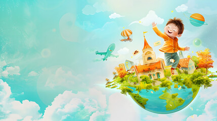 A banner with a child on his planet full of his phantasies, includes copy space 
