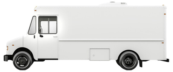 Side view of a blank white delivery van isolated on a gray background