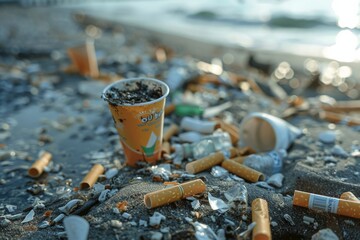 Garbage on the beach. a lot of cigarette butts, plastic bottles, and cups.