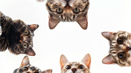 group of curious cats look down, bottom view, isolated on white background, meme style, copy space